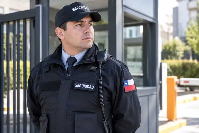 Guardia de seguridad con uniforme y radio en la entrada de un edificio